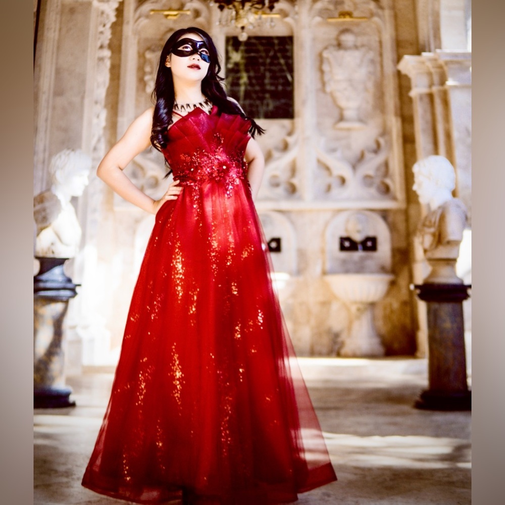 Beautiful RED prom dress with gold foil details and floral decoration